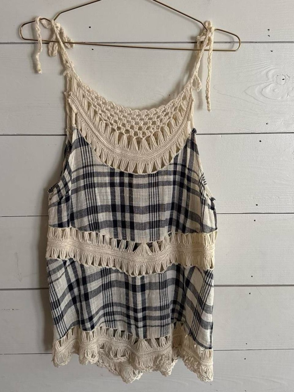 entro Cream Crochet-Trim Plaid Camisole with Navy Checks